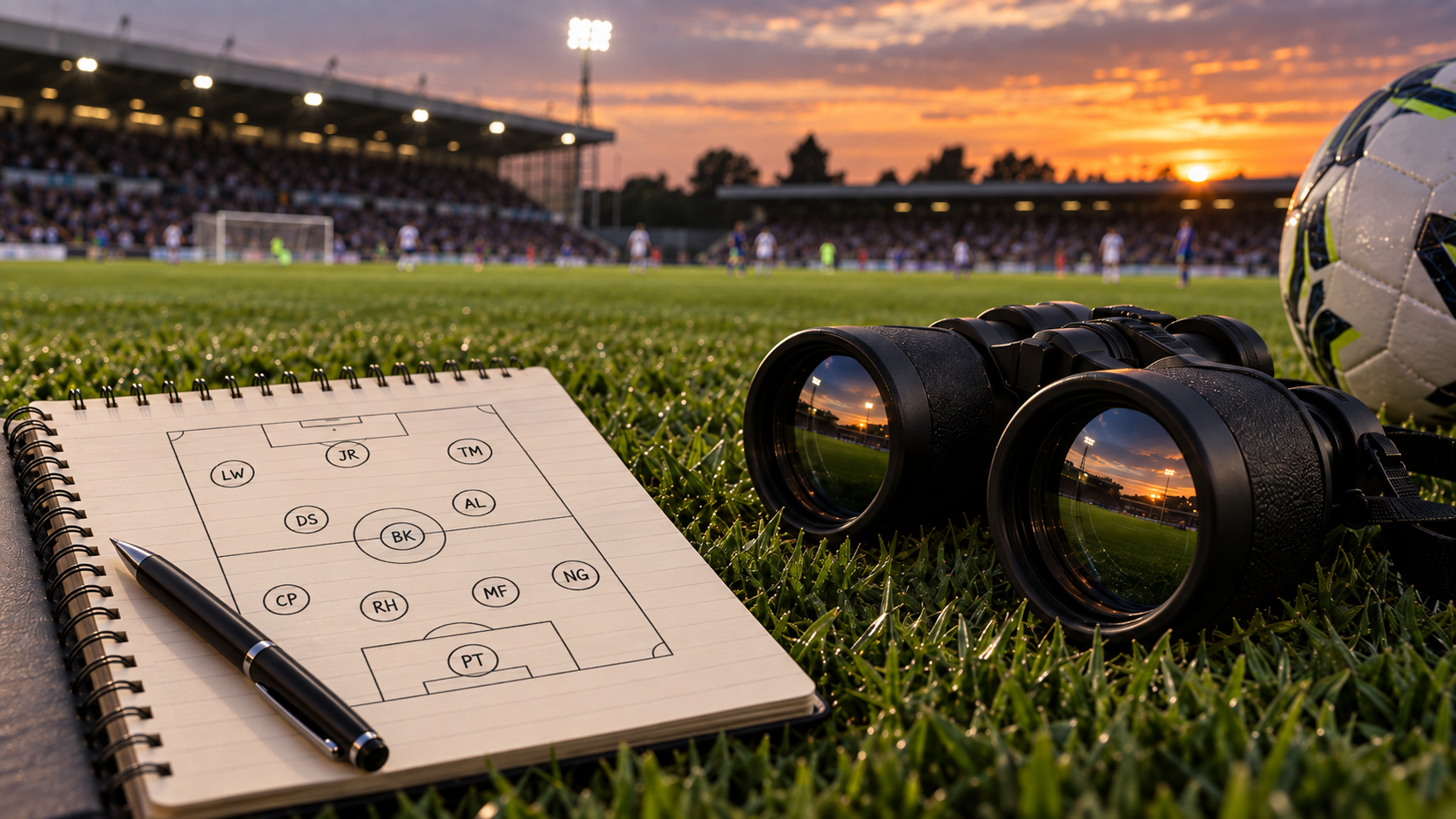 A scouting notebook and binoculars beside a football pitch at sunset